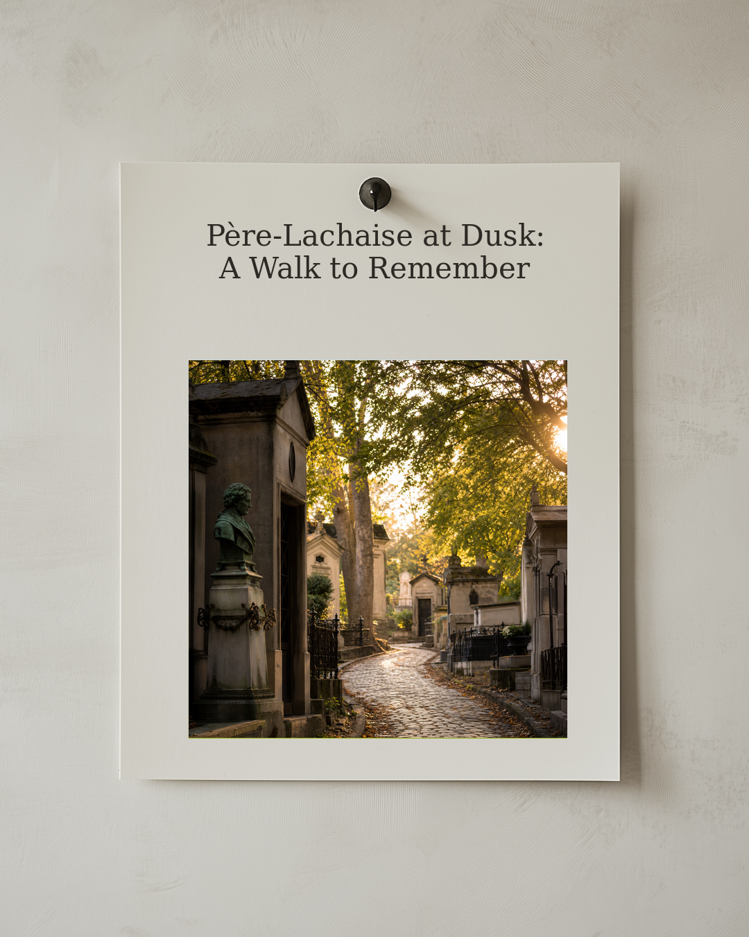 Pinned postcard cover showing a tree-lined cemetery path in late-afternoon light.