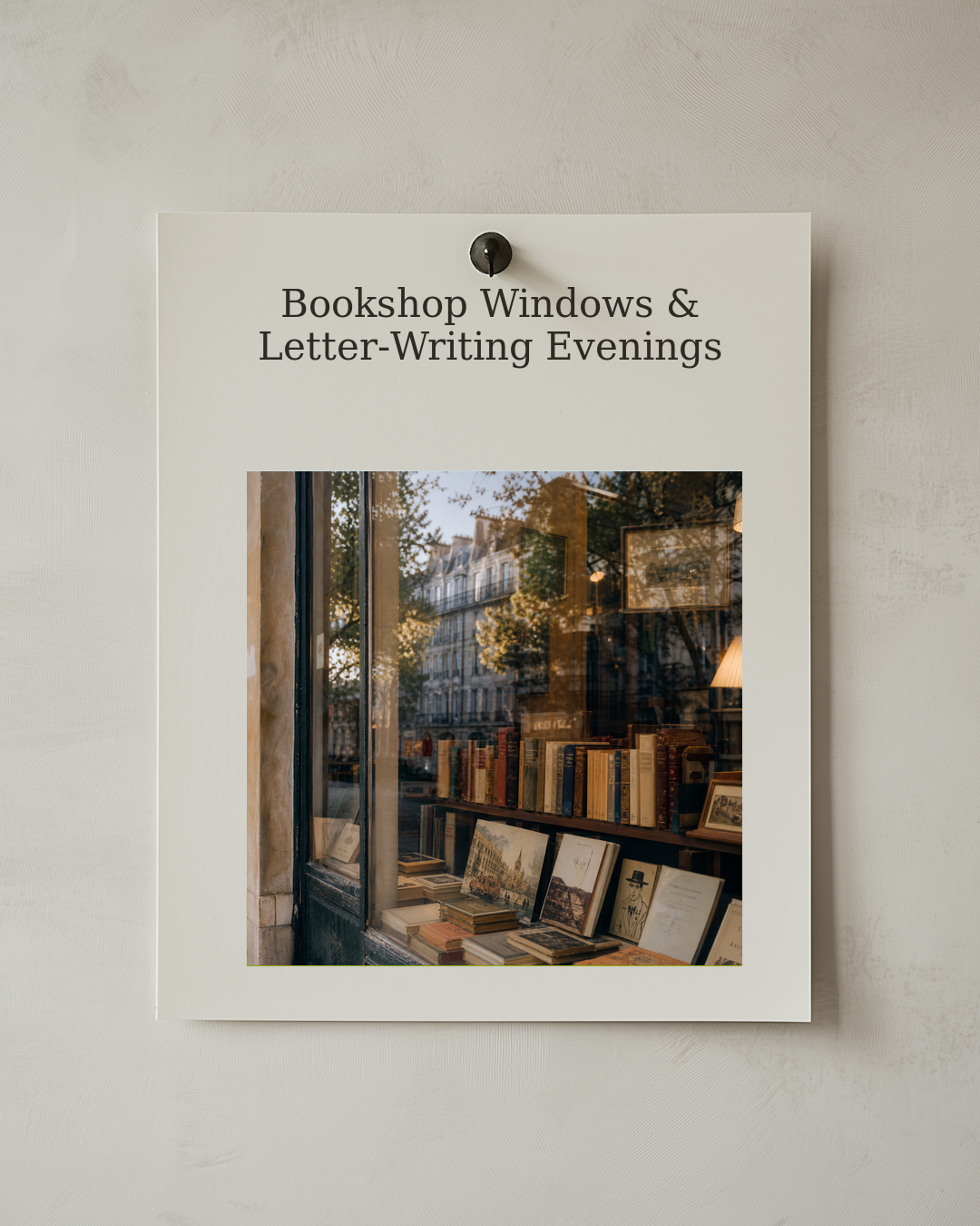 Pinned postcard illustration announcing Bookshop Windows & Letter‑Writing Evenings