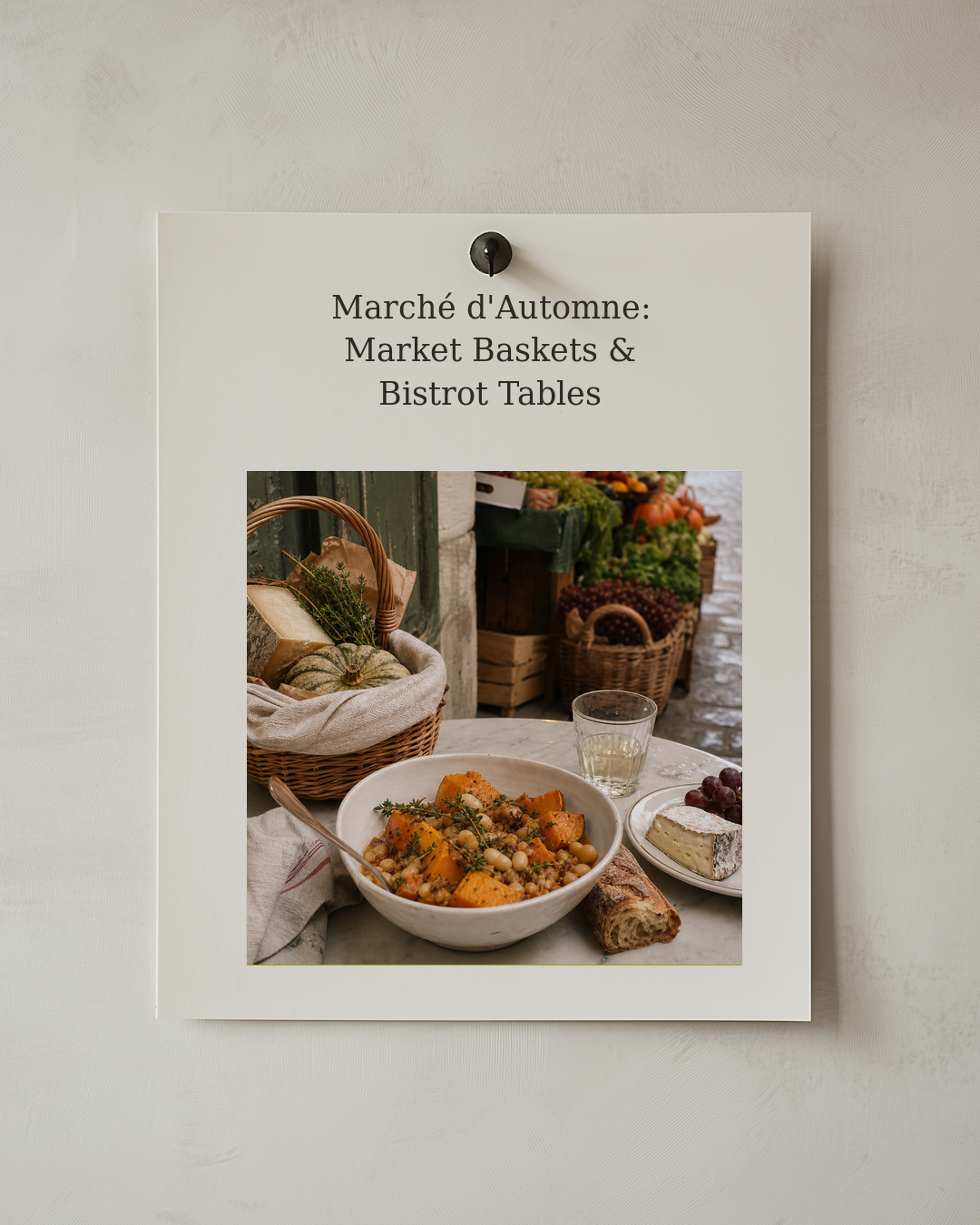 Pinned postcard cover showing a market basket, autumn produce and a simple meal beside a market stall.