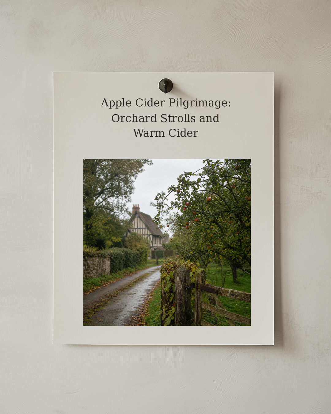 Pinned postcard cover showing a wet orchard lane and apple trees in autumn.