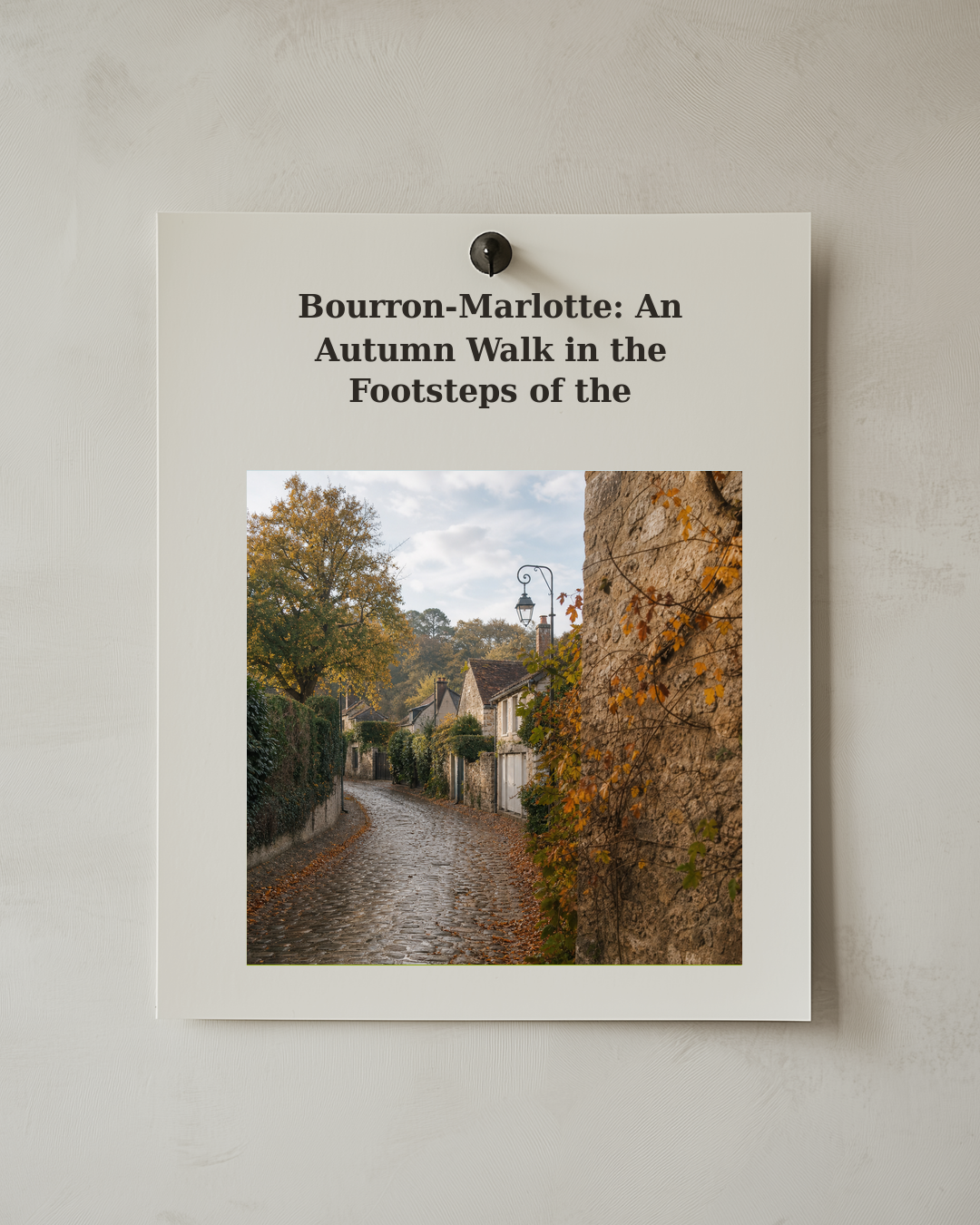 Pinned postcard cover showing a narrow cobbled lane beneath autumn trees.