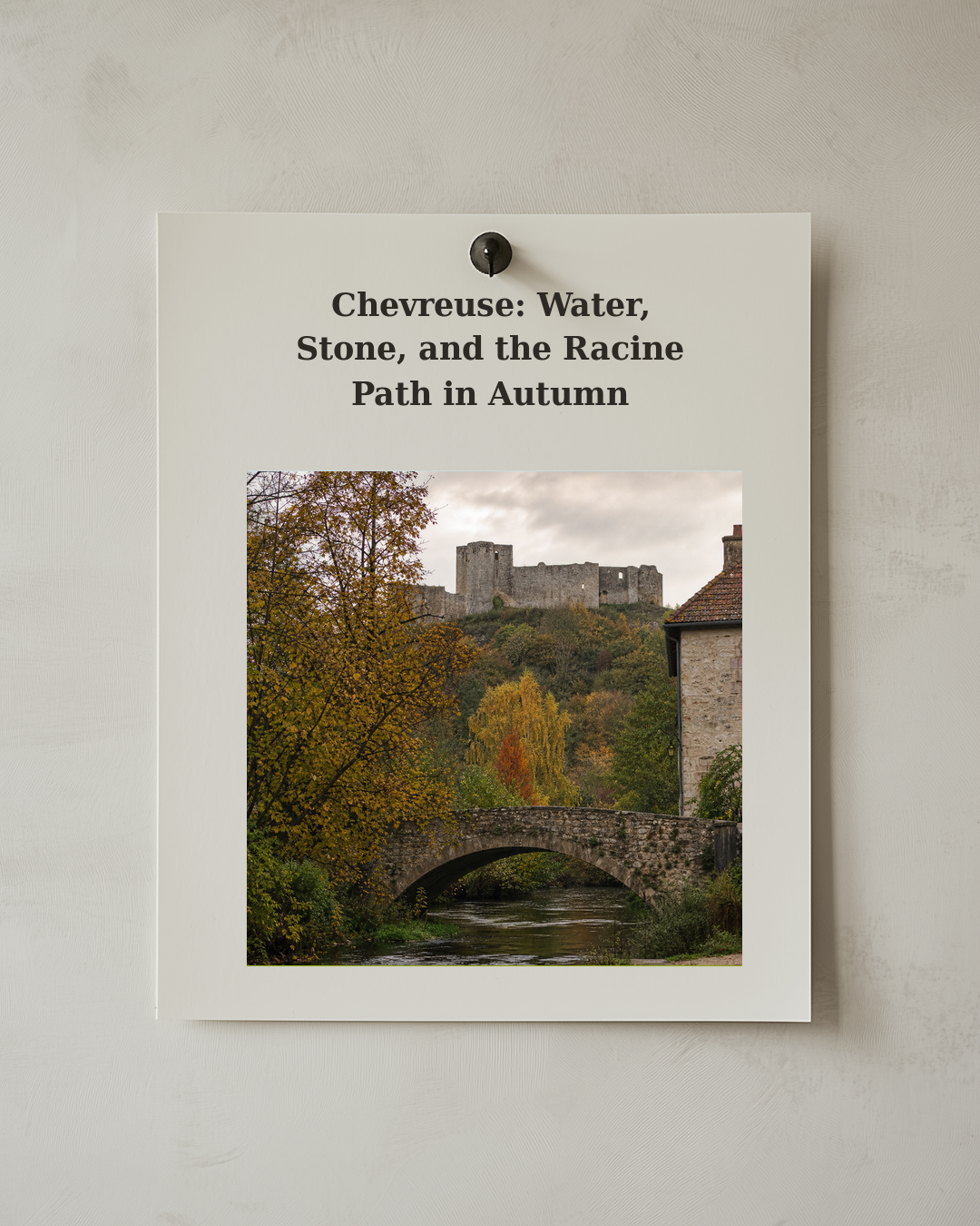 Pinned postcard cover showing an autumnal stone bridge over moving water.