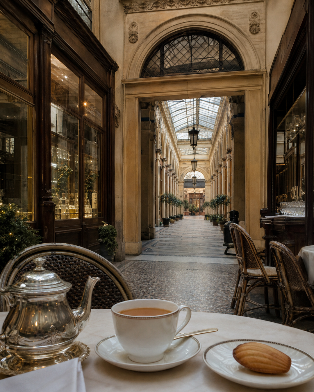 Original in-house AI illustration for Passages & Glass Roofs: Tea Under the Arcades