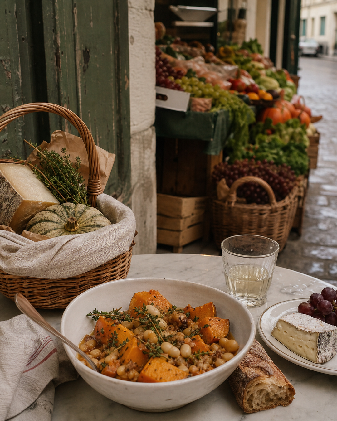 Original in-house AI illustration for Marché d'Automne: Market Baskets & Bistrot Tables